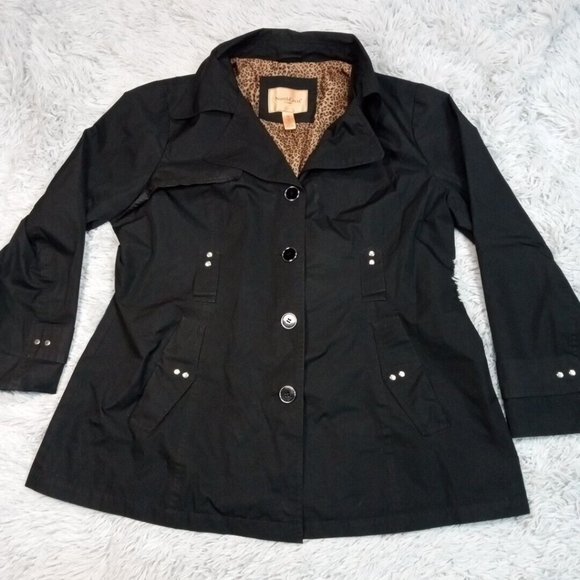 NorthCrest Classic Womens Jacket Black XL Button Up Coat‎ Cheetah Print Liner - Picture 1 of 16